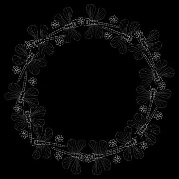 Vector round frame, border from white contoured cute dragonflies and flowers  Illustrazione stock
