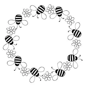 Vector round frame, border, wreath from contoured fat little bees and flowers イラスト素材