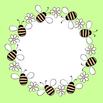 Vector round frame, border, wreath from fat little bees and flowers in doodle Illustrazione stock