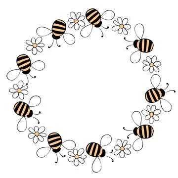 Vector round frame, border, wreath from fat little bees and flowers in doodle Stock Illustration