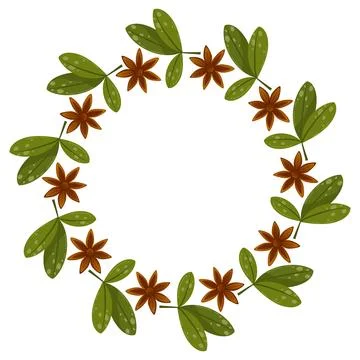 Vector round frame of cinnamon buns, mugs with hot drink, cinnamon, wreath. Stock Illustration