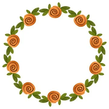 Vector round frame of cinnamon buns, mugs with hot drink, cinnamon, wreath. Stock Illustration