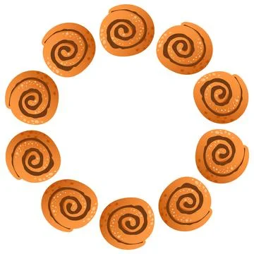 Vector round frame of cinnamon buns, mugs with hot drink, cinnamon, wreath. Stock Illustration