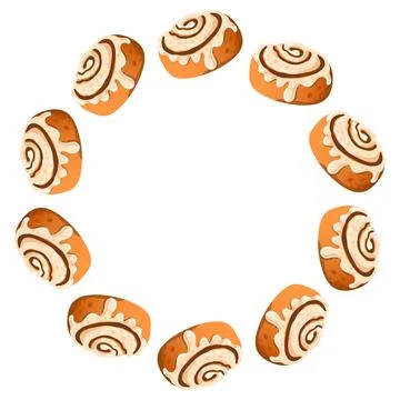 Vector round frame of cinnamon buns, mugs with hot drink, cinnamon, wreath. Stock Illustration