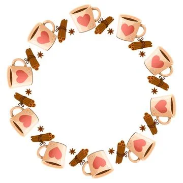 Vector round frame of cinnamon buns, mugs with hot drink, cinnamon, wreath. Stock Illustration