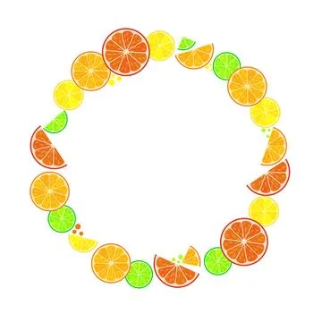 Vector round frame with citrus slices of orange, grapefruit, lemon and lime.. Illustration