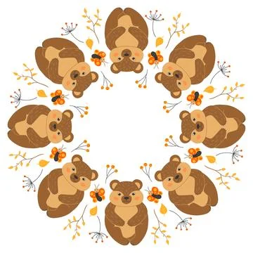 Vector round frame with cute bears, butterflies, twigs and leaves in cartoo.. Stock Illustration