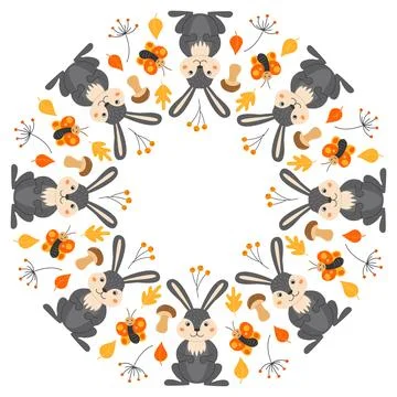Vector round frame with cute bunnies, butterflies, twigs and leaves in cart.. Stock-Illustration