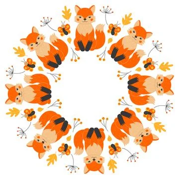 Vector round frame of cute foxes, butterflies, twigs and leaves in cartoon .. Stock Illustration