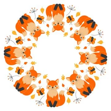 Vector round frame with cute foxes, butterflies, twigs and leaves in cartoo.. Stock Illustration