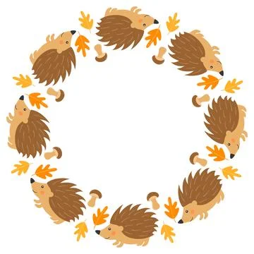 Vector round frame with cute hedgehogs, mushrooms and autumn leaves in cart.. Stock Illustration