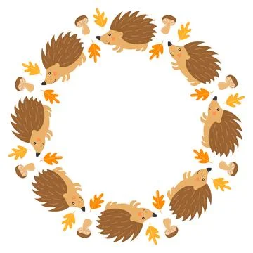 Vector round frame with cute hedgehogs, mushrooms and autumn leaves in cart.. Stock Illustration