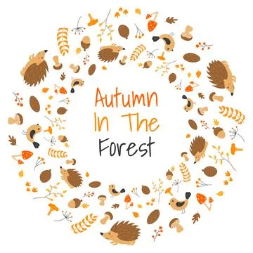 Vector round frame with cute hedgehogs, mushrooms, birds and autumn leaves .. Stock Illustration