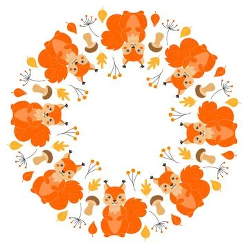 Vector round frame with cute squirrels, mushrooms, twigs and leaves in cart.. Stock Illustration