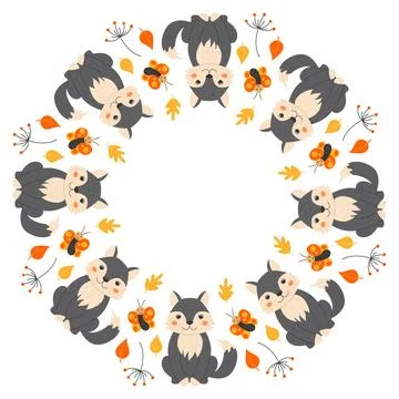 Vector round frame with cute wolves Stock Illustration