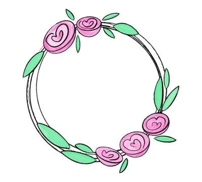 Vector round frame decorated with roses and peonies hand drawn watercolor. Stock Illustration
