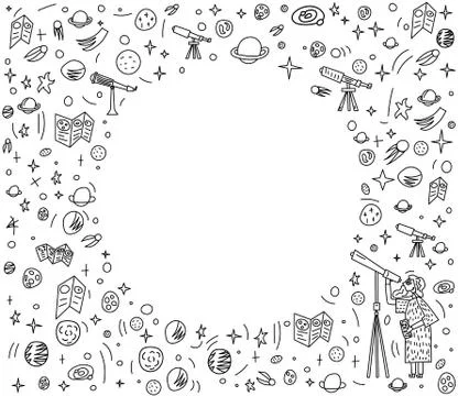 Vector round frame design of astronomer and astronomic objects. 스톡 일러스트