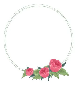 Vector round frame with lines, red roses and green leaves. Place for text Stock Illustration