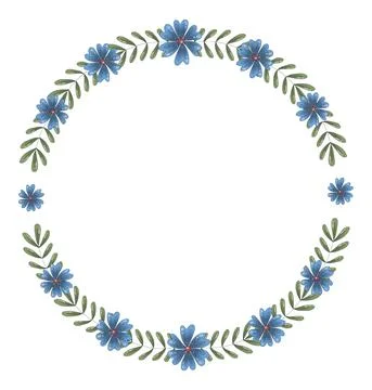 Vector round frame of many green branches with leaves and dark blue flowers Stock Illustration