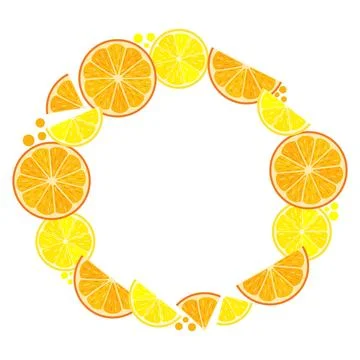 Vector round frame with orange and lemon slices on white background 库存插图