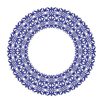 Vector round frame with oriental pattern in blue white color. Traditional round  스톡 일러스트