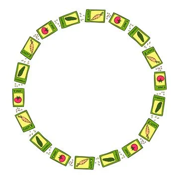 Vector round frame from outline green paper bags with seeds vegetables. Brigh Stock Illustration