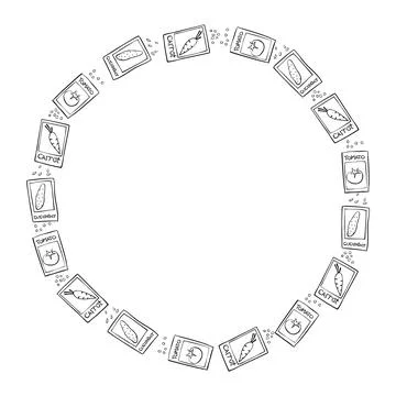 Vector round frame from outline paper bags with seeds vegetables. Border, dec Stock Illustration