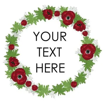 Vector round frame with red anemones and leaves. Floral frame. Stock Illustration