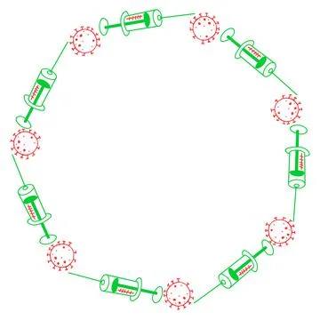 Vector round frame on theme of vaccination. Contour molecules, coronavirus ce Stock Illustration