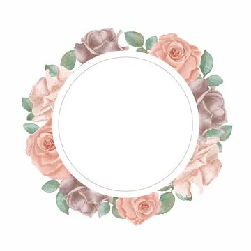 Vector round frame with watercolor rose flowers on white background in past.. Stock Illustration