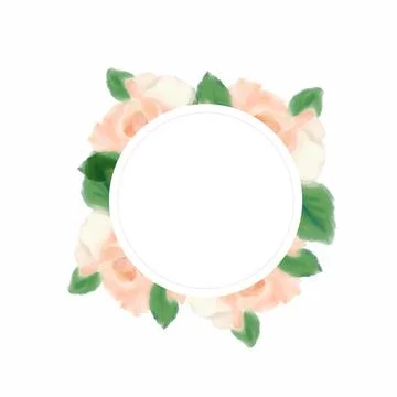 Vector round frame with watercolor rose flowers on white background in past.. Stock Illustration