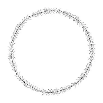 Vector round frame, wreath made of outline twigs, branches, hand drawn in doo Illustrazione stock
