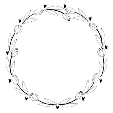 Vector round frame, wreath from outline tulips and hearts. Spring flowers. Ha Stock-Illustration