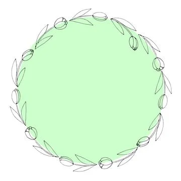 Vector round frame, wreath from outline tulips. Spring flowers. Hand drawn do Stock Illustration