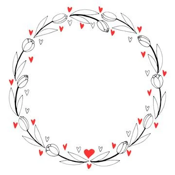 Vector round frame, wreath from outline tulips and hearts. Spring flowers. Ha 스톡 일러스트