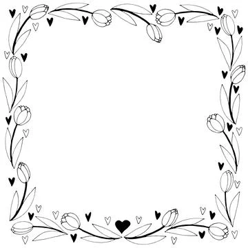 Vector round frame, wreath from outline tulips and hearts. Spring flowers. Ha 스톡 일러스트