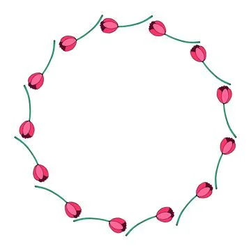 Vector round frame, wreath from red tulips on stem. Hand drawn holiday border Stockillustratie