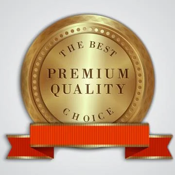 Vector round golden badge label with red ribbon and text Stock Illustration