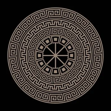 Vector round golden classic pattern frame plate. Greek round frame. Greek patter 스톡 일러스트