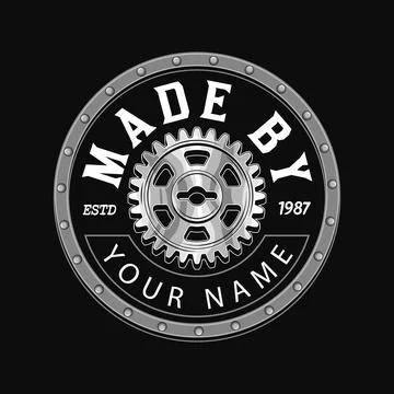 Vector round label with silver steel gear, metal rail, rivets, space for text Stock Illustration