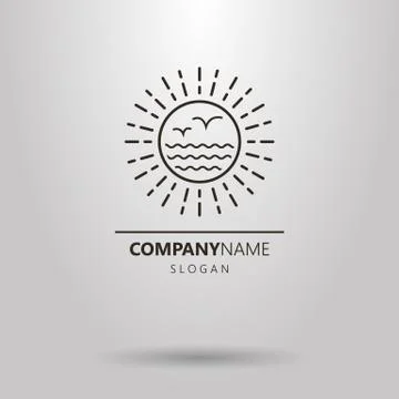 Vector round line art logo of sea and seagulls in the sun Stock Illustration