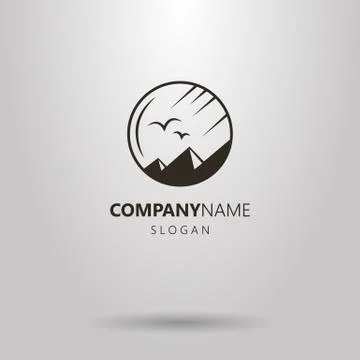 Vector round logo of mountain peaks landscape with birds 스톡 일러스트