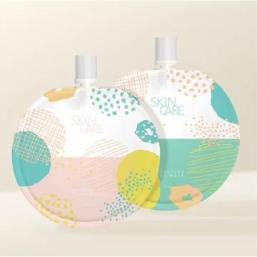 Vector Round Packet with White Screw Cap, Pastel Abstract Pattern Printed. Illustrazione stock