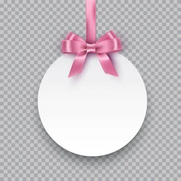 Vector round paper banner hanging on pink ribbon with bow. White post note with 库存插图
