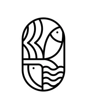 Vector round sea or river fish and waves logo icon. Simple modern abstract line Stock Illustration
