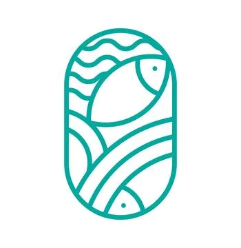 Vector round sea or river fish and waves aqua line logo icon. Simple modern Stock Illustration