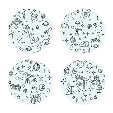 Vector round set coupon design of astronomer and astronomic objects. イラスト素材