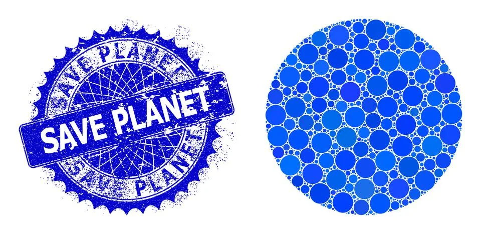 Vector Round Sphere Collage of Small Circles and Distress Save Planet Stamp Stock Illustration