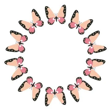 Vector round spring frame with butterflies. Summer tropical moths, insects. Stock Illustration