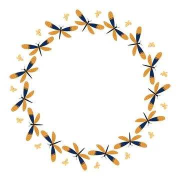 Vector round spring frame with butterflies. Summer tropical moths, insects. Stock Illustration